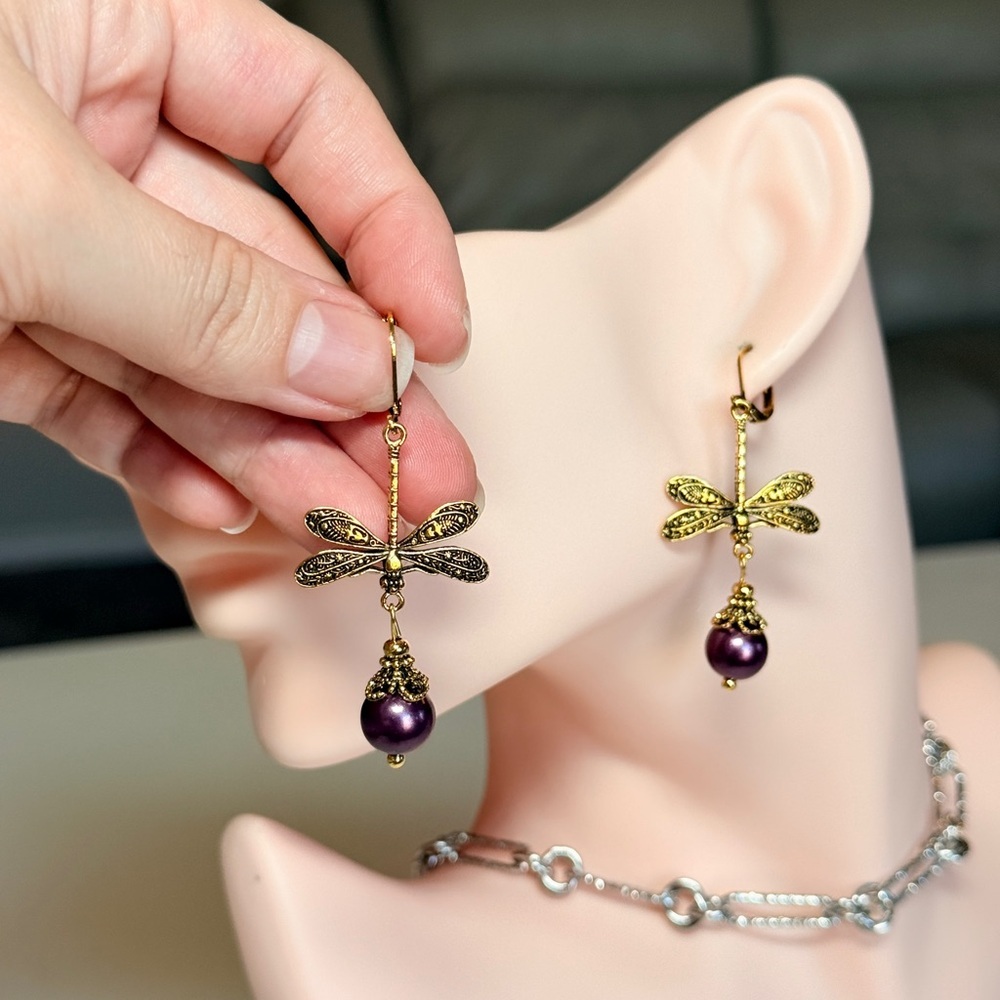 Gold Dragonfly Earrings with Purple Pearls - Picture 5 of 10